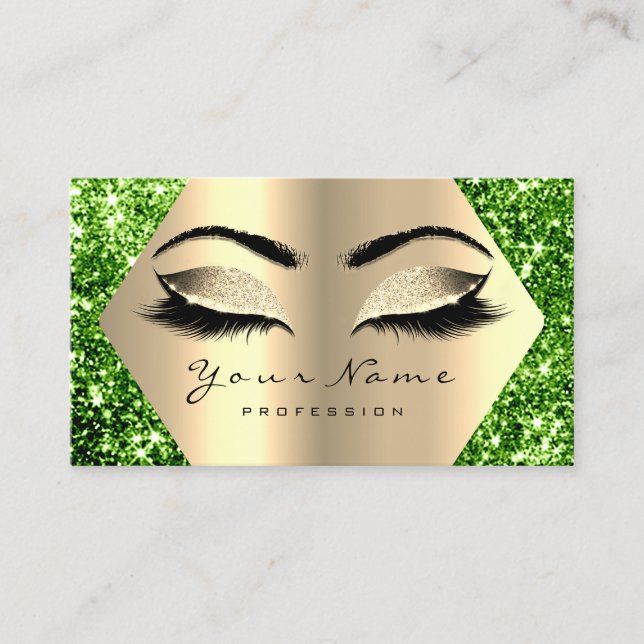 Green Champaigne Gold Glitter Makeup Lashes Business Card (Front)