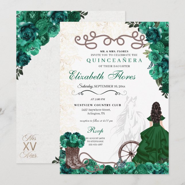 Green Charra Princess Dress Horse Quinceañera Invitation (Front/Back)