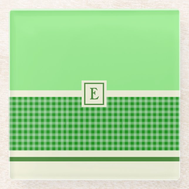 Green Check Monogram Glass Coaster (Front)