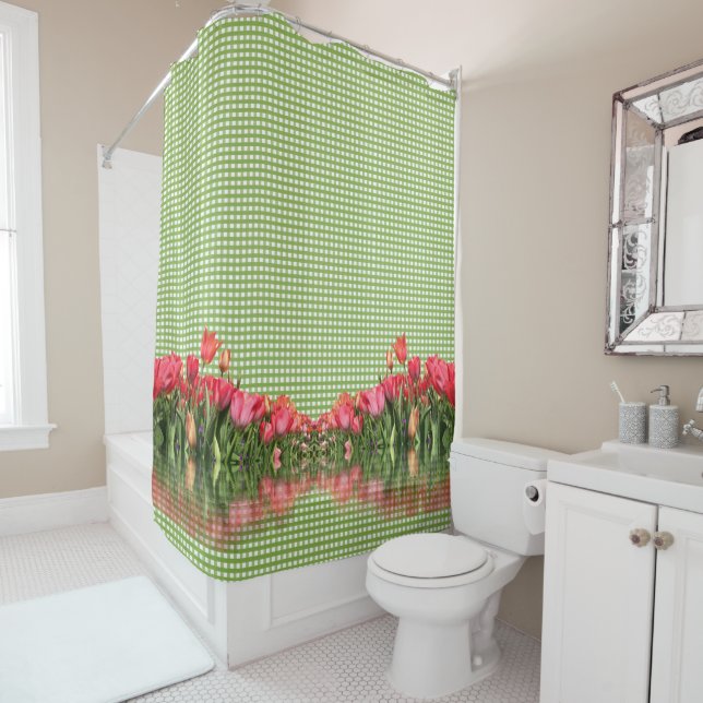 Green Check with Tulips Shower Curtain (In Situ)