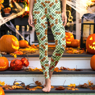 Green Checkerboard Cherry Pumpkins Pattern Leggings