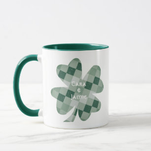 Green Checkered Lucky Clover with Couple Names Mug