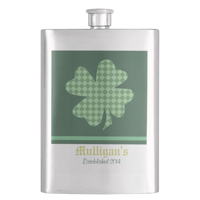 Green Checks Shamrock Personalised Hip Flask (Front)