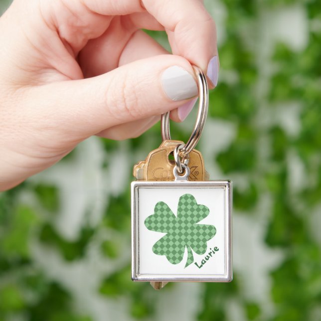 Green Checks Shamrock Personalised Key Ring (Hand)