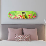Green Cheek Conure Pink & Green Columbine Floral Skateboard<br><div class="desc">This green cheek conure skateboard with pretty pink columbine floral and green leaves is sure to be a favourite of your bird lover skater girl. Personalise with any name and add wheels to glide through Summer, or display on the wall for unique parakeet wall art. Leaf background by Annalise Batista,...</div>