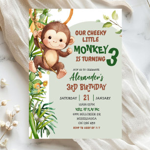 Green Cheeky Little Monkey Savannah Theme Birthday Invitation