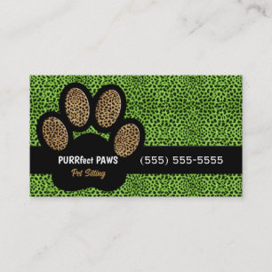 Green Cheetah Print Custom Paw Pet Sitter Business Card