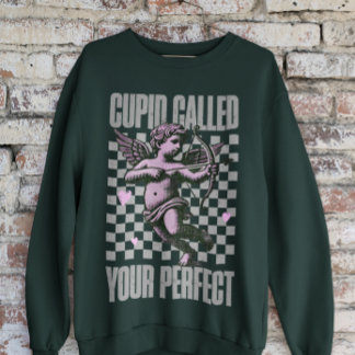 Green Chequerboard With Cute Pink Cupid Valentine Sweatshirt