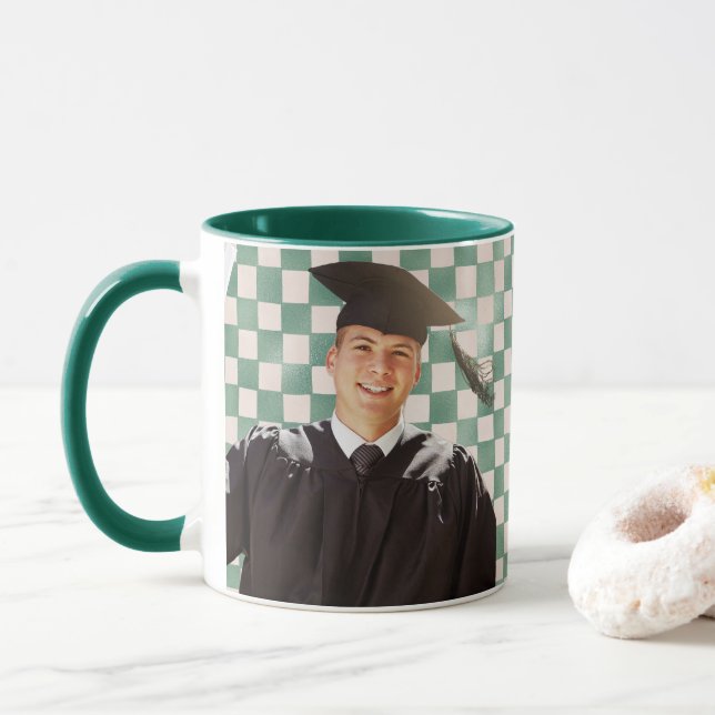 Green Chequered Custom Photo Men Graduation Mug (With Donut)