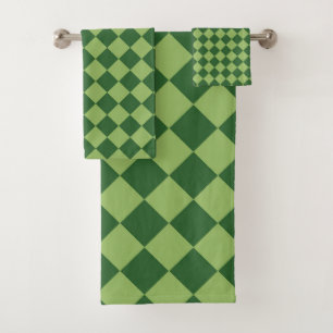 Green Chequered Diamond Pattern Bath Towel Set