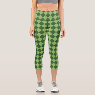 Green Chequered Diamond Pattern Capri Leggings