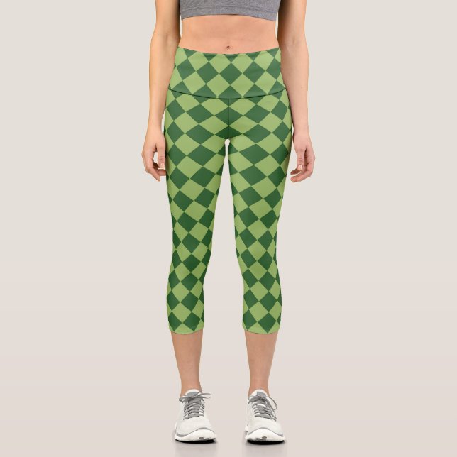 Green Chequered Diamond Pattern  Capri Leggings (Front)