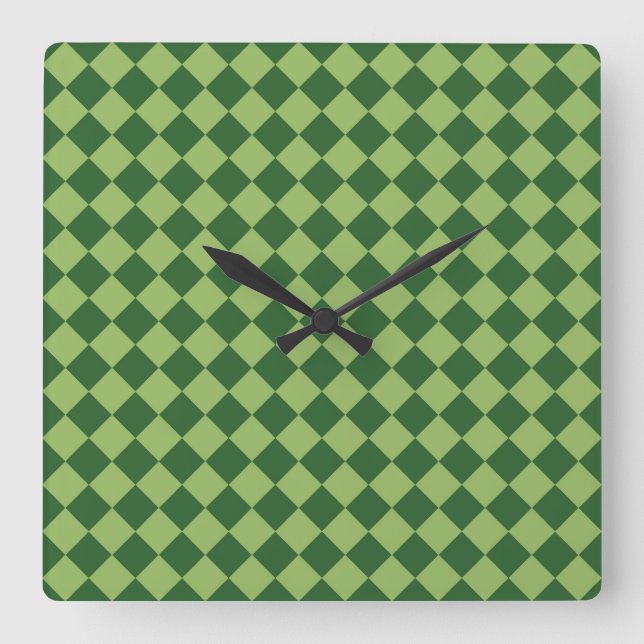 Green Chequered Diamond Pattern Square Wall Clock (Front)