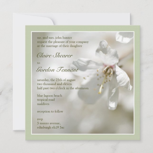 Green Cherry Blossom Wedding Invitiation Invitation (Front)