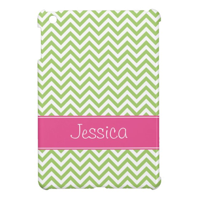 Green Chevron Chic Pink Personalised iPad Mini Case (Back)