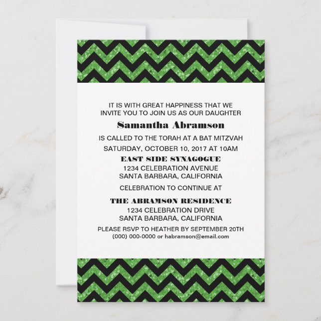 Green Chevron Glitter Bat Mitzvah Invite (Front)
