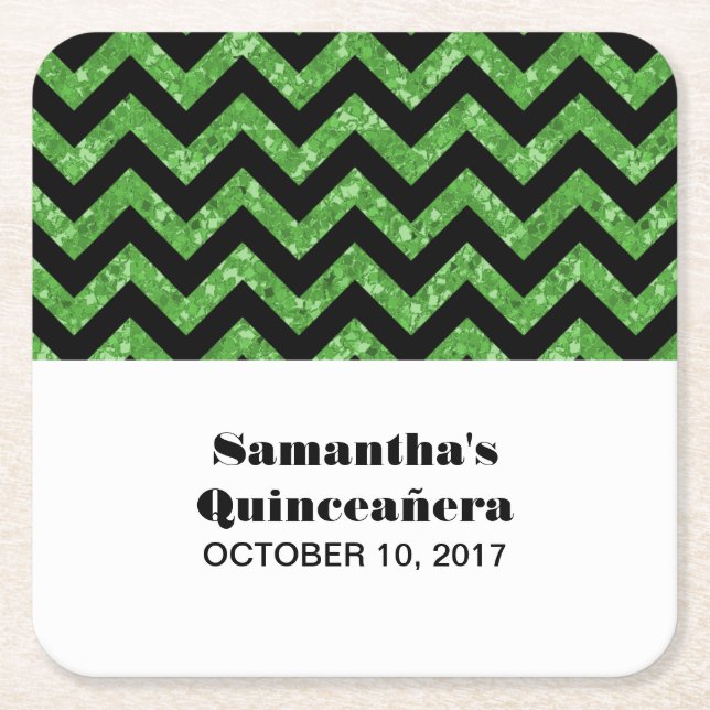 Green Chevron Glitter Quinceañera Coasters (Front)