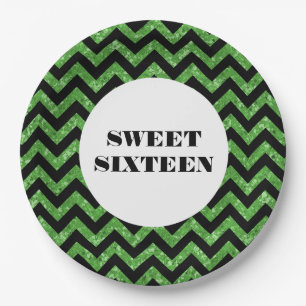 Green Chevron Glitter Sweet 16 Paper Plates