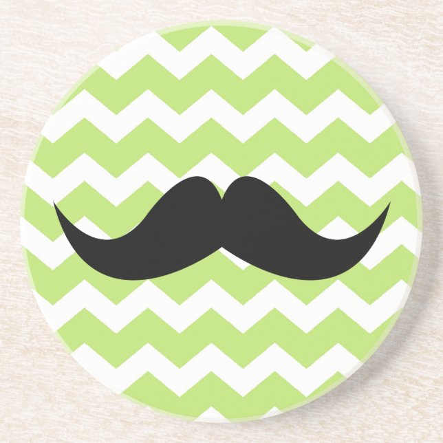 Green chevron pattern moustache thirsty sandstone coaster (Front)