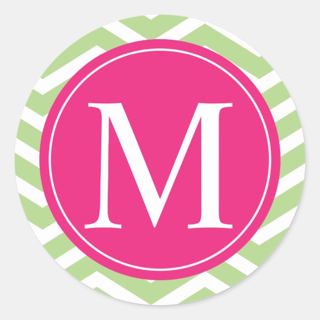 Green Chevron Pink Monogram Classic Round Sticker (Front)
