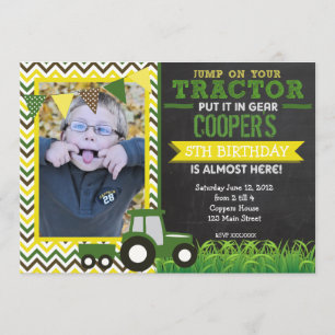 Green Chevron Tractor Birthday Party Invitation