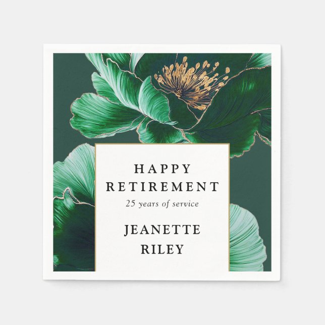 Green Chic Elegant Modern Floral Happy Retirement Napkin (Front)