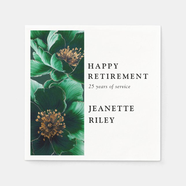 Green Chic Elegant Modern Floral Happy Retirement Napkin (Front)