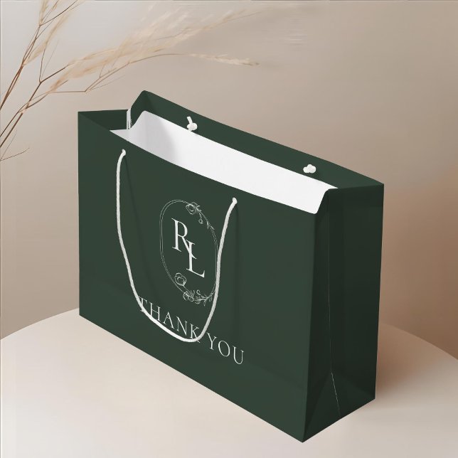 Green | Chic Floral Monogram Wedding Thank You Large Gift Bag (Creator Uploaded)