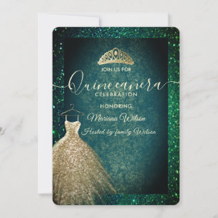 Green chic Gold sequins dress tiara Quinceañera  I Invitation