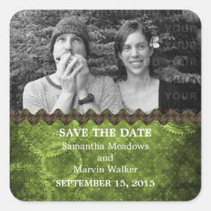 Green Chic Steampunk Photo Save the Date Stickers