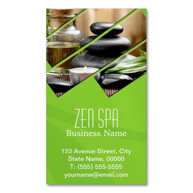 Green Chic Zen Spa Wellness Massage Therapist Magnetic Business Card (Front Vertical)