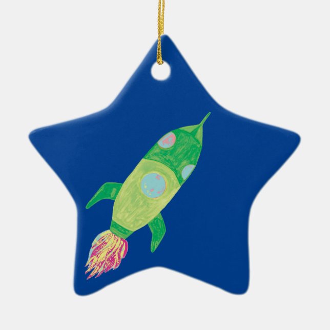 Green Childish Space Rocket Star Ceramic Tree Decoration (Front)