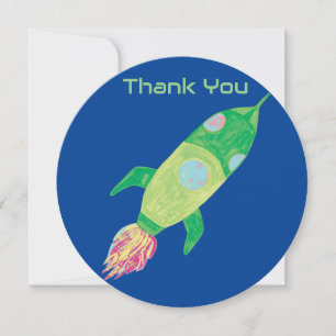 Green Childish Space Rocket Thank You Card