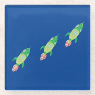 Green Childish Space Rockets Glass Coaster