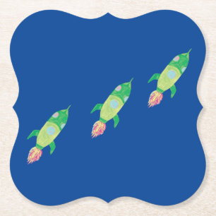 Green Childish Space Rockets Paper Coaster