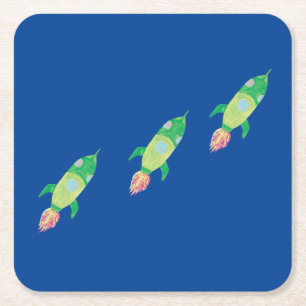 Green Childish Space Rockets  Square Paper Coaster