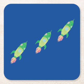 Green Childish Space Rockets  Square Paper Coaster