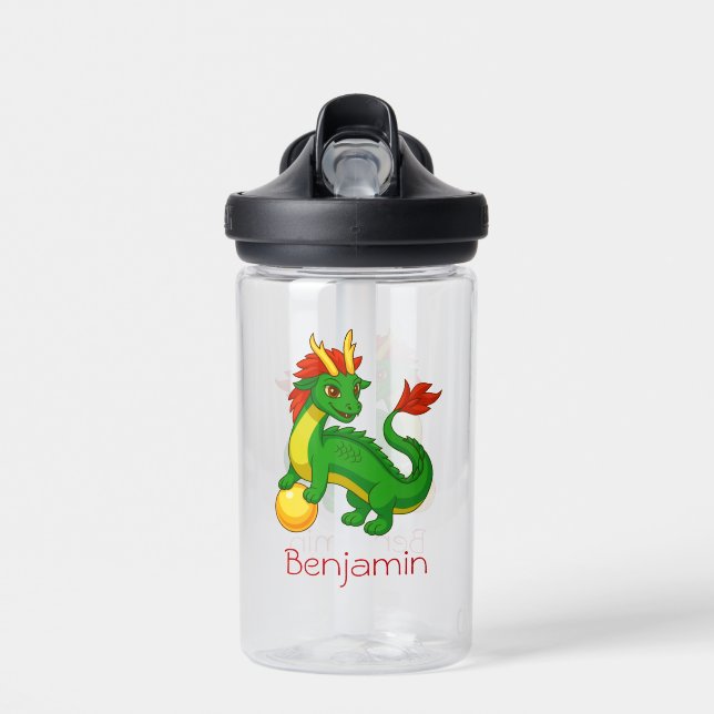 Green Chinese Dragon Custom Name Water Bottle (Front)
