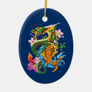 Green Chinese Dragon Koi Ceramic Tree Decoration