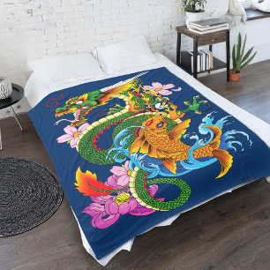 Green Chinese Dragon Koi Fleece Blanket