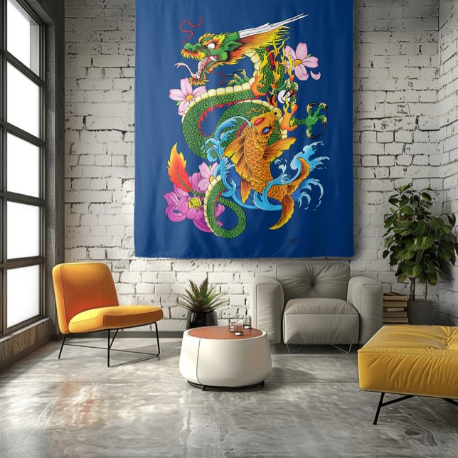 Green Chinese Dragon Koi Tapestry (Creator Uploaded)