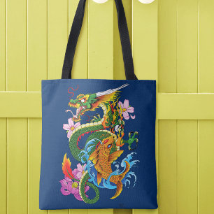 Green Chinese Dragon Koi Tote Bag