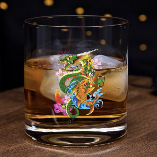 Green Chinese Dragon Koi Whiskey Glass