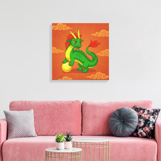 Green Chinese Dragon on Red Canvas Print (Insitu(LivingRoom))