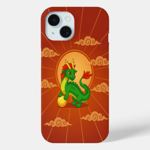 Green Chinese Dragon on Red iPhone 15 Case