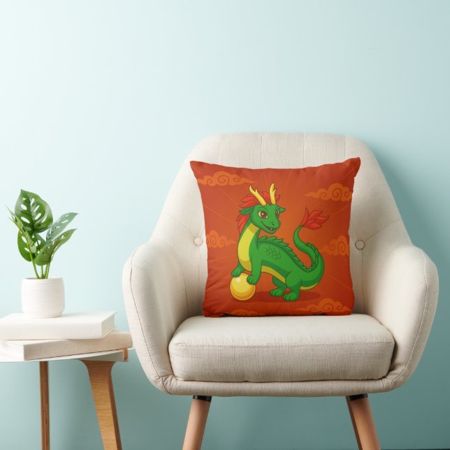 Green Chinese Dragon on Red Cushion (Chair)