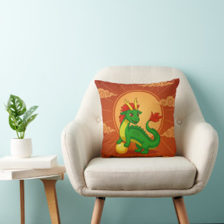 Green Chinese Dragon on Red Cushion