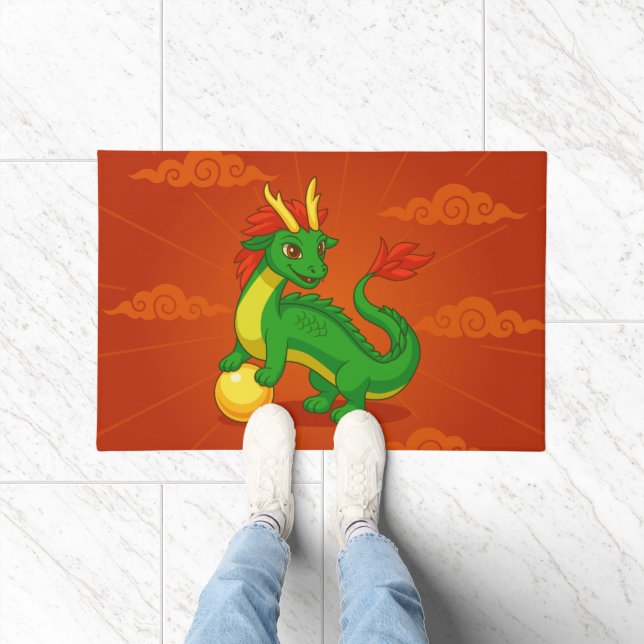 Green Chinese Dragon on Red Doormat (Indoor)