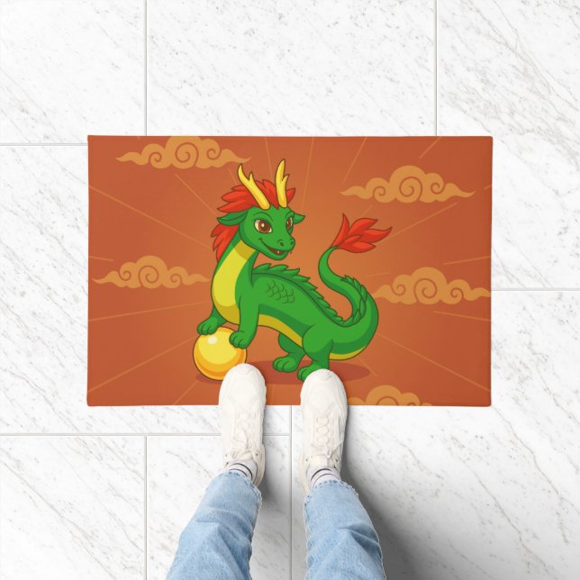 Green Chinese Dragon on Red Doormat (Indoor)