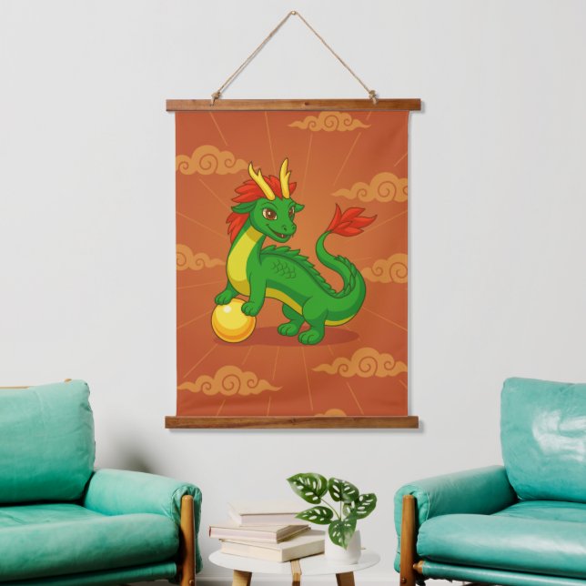 Green Chinese Dragon on Red Hanging Tapestry (Living Room)